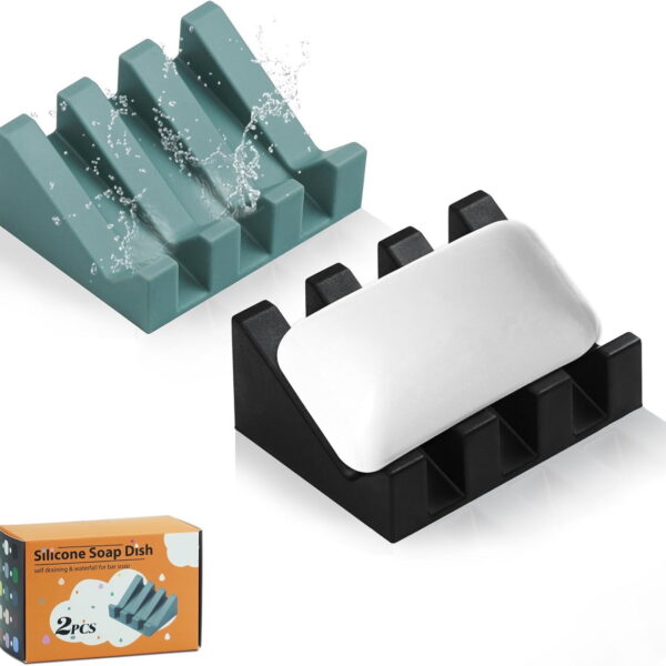 Silicone Soap Dish for Bar Soap Holder for Shower Bathroom Self Draining Waterfall Drying Tray Keep Soap Bars Dry Clean & Easy Cleaning