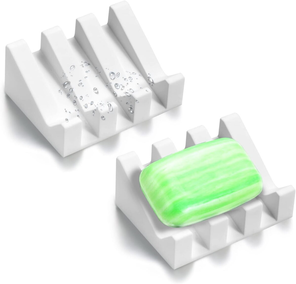 Silicone Soap Dish with Drain for Shower Bathroom Bar Soap Holder, Self Draining Waterfall Drying Tray, Kitchen Sink Caddy Sponge Holder,White,2PCS