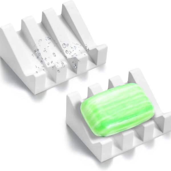 Silicone Soap Dish with Drain for Shower Bathroom Bar Soap Holder, Self Draining Waterfall Drying Tray, Kitchen Sink Caddy Sponge Holder,White,2PCS