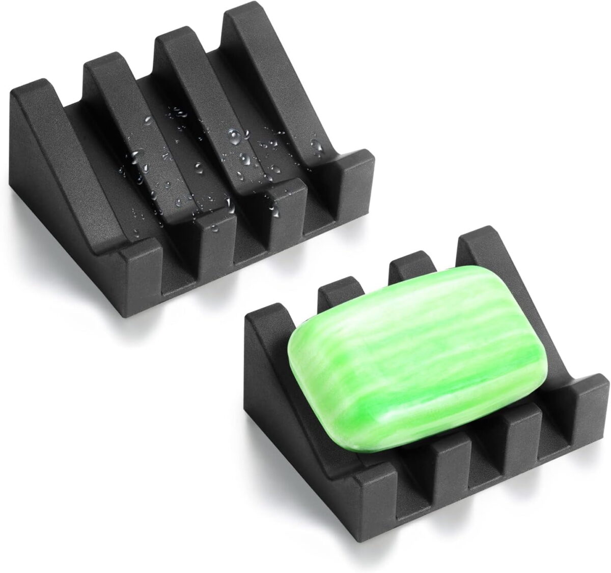Silicone Soap Dish with Drain for Shower Bathroom Bar Soap Holder, Self Draining Waterfall Drying Tray, Kitchen Sink Caddy Sponge Holder, Black , 2PCS