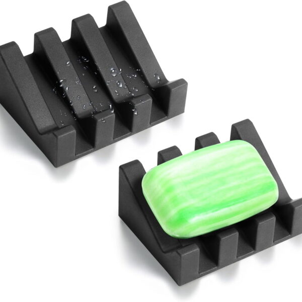 Silicone Soap Dish with Drain for Shower Bathroom Bar Soap Holder, Self Draining Waterfall Drying Tray, Kitchen Sink Caddy Sponge Holder, Black , 2PCS