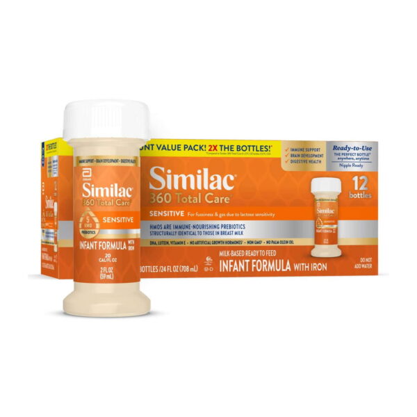 Similac 360 Total Care Sensitive Ready-to-Feed Baby Formula, Has 5 HMO Prebiotics, 2-fl-oz Bottle, Pack of 12