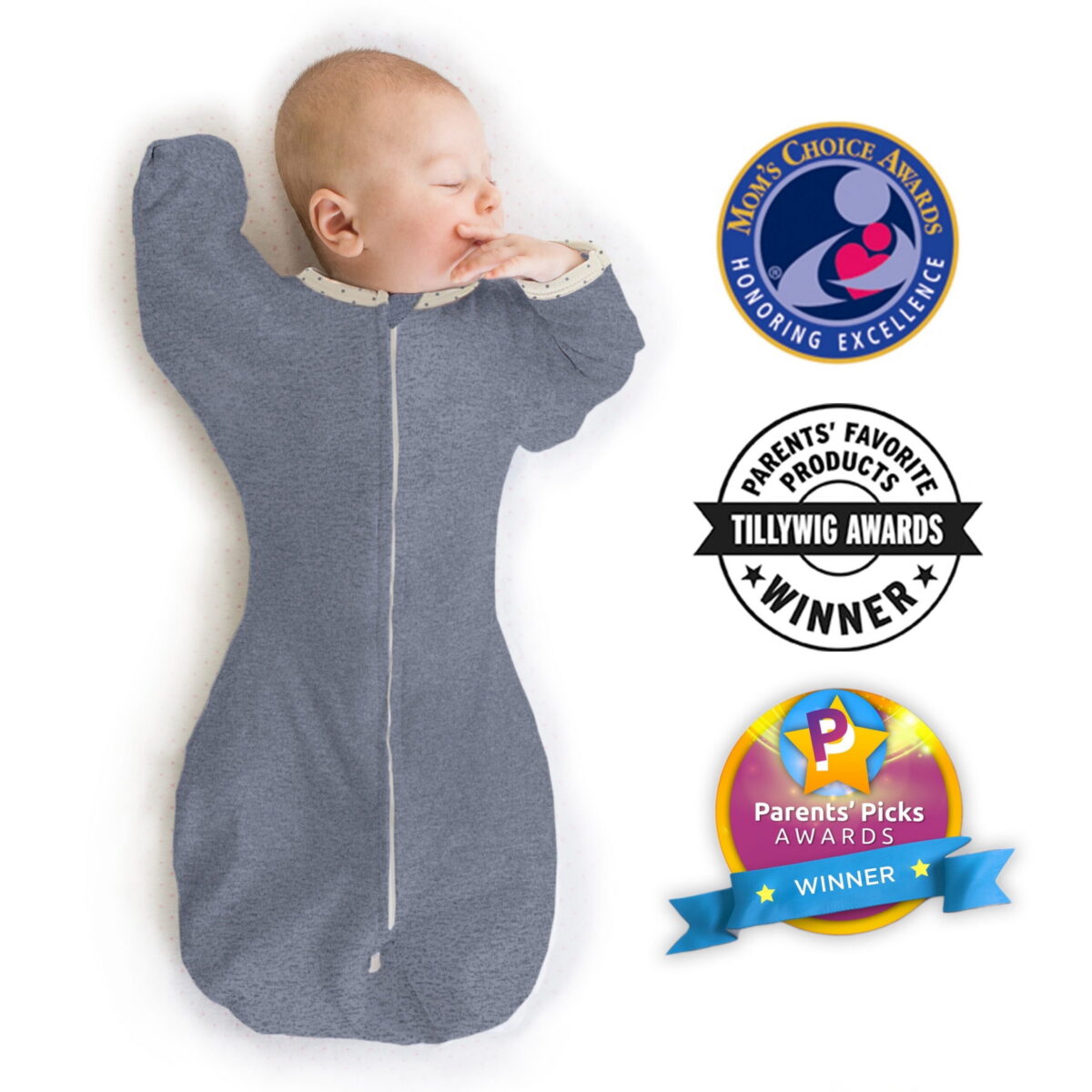 SwaddleDesigns Transitional Swaddle Sack, Arms Up Swaddle with Half-Length Sleeves & Mitten Cuffs, Easy Transition Swaddle Sleep Sack, Large, 6-9 Months, 21-24 lb, Heathered Denim