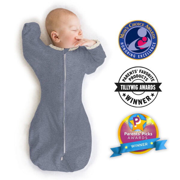 SwaddleDesigns Transitional Swaddle Sack, Arms Up Swaddle with Half-Length Sleeves & Mitten Cuffs, Easy Transition Swaddle Sleep Sack, Large, 6-9 Months, 21-24 lb, Heathered Denim