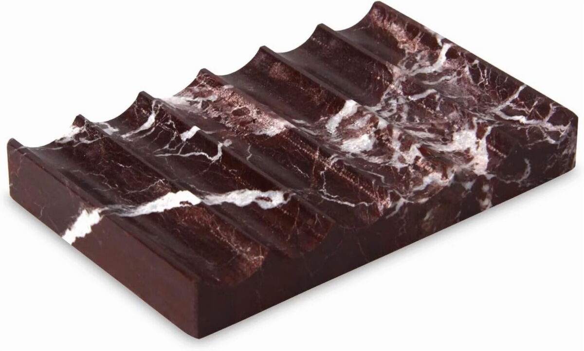 TABHOUKIT Luxury Marble Soap Dish Tray,Rectangle Stone Marble Soap Tray,Self Draining Soap Holder for Bathroom, Kitchen (Rosso Lepanto)