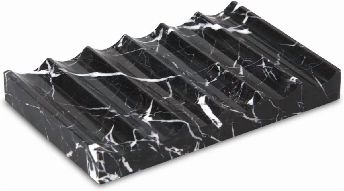 TABHOUKIT Luxury Marble Soap Dish Tray,Rectangle Stone Marble Soap Tray,Self Draining Soap Holder for Bathroom, Kitchen (Black White)