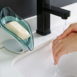 TureClos Self Draining Soap Box No Punching Leaf Shape Dish Tray Decorative Soap Holder for Bathroom Kitchen, Grey