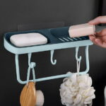 Vadktai Soap Dish 2-in-1 Soap Holder for Shower Wall with Hooks, Adhesive Shampoo Bar Soap Caddy Tray Saver Rest Case Sponge Holder Shower Dish Sink Soap Rack for Kitchen Bathroom