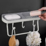 Vadktai Soap Dish 2-in-1 Soap Holder for Shower Wall with Hooks, Adhesive Shampoo Bar Soap Caddy Tray Saver Rest Case Sponge Holder Shower Dish Sink Soap Rack for Kitchen Bathroom
