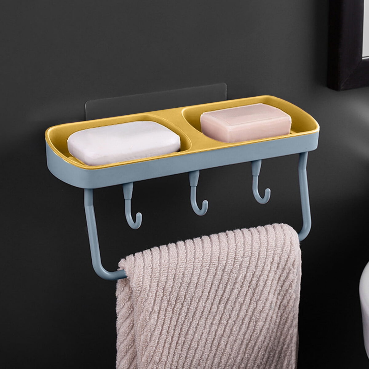 Vadktai Soap Dish 2-in-1 Soap Holder for Shower Wall with Hooks, Adhesive Shampoo Bar Soap Caddy Tray Saver Rest Case Sponge Holder Shower Dish Sink Soap Rack for Kitchen Bathroom
