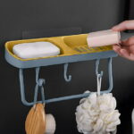 Vadktai Soap Dish 2-in-1 Soap Holder for Shower Wall with Hooks, Adhesive Shampoo Bar Soap Caddy Tray Saver Rest Case Sponge Holder Shower Dish Sink Soap Rack for Kitchen Bathroom