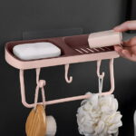 Vadktai Soap Dish 2-in-1 Soap Holder for Shower Wall with Hooks, Adhesive Shampoo Bar Soap Caddy Tray Saver Rest Case Sponge Holder Shower Dish Sink Soap Rack for Kitchen Bathroom
