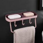 Vadktai Soap Dish 2-in-1 Soap Holder for Shower Wall with Hooks, Adhesive Shampoo Bar Soap Caddy Tray Saver Rest Case Sponge Holder Shower Dish Sink Soap Rack for Kitchen Bathroom