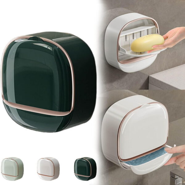 Waterproof Soap Dish with Drainage Box,2025 New Soap Dish Holder with Lid,Wall Mounted Drain Soap Box with Flip Lid,NO-Drilling Soap Dish Holder for Kitchen Sink,Bathroom,Bathtub