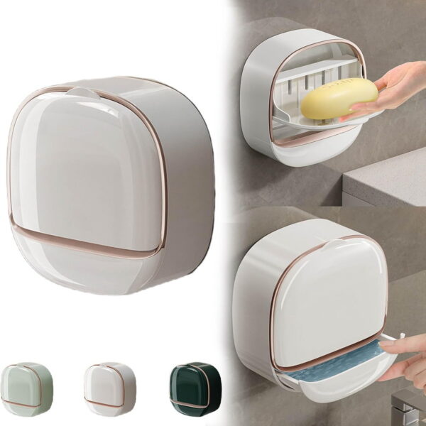 Waterproof Soap Dish with Drainage Box,2025 New Soap Dish Holder with Lid,Wall Mounted Drain Soap Box with Flip Lid,NO-Drilling Soap Dish Holder for Kitchen Sink,Bathroom,Bathtub