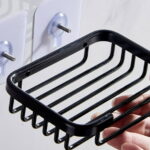 Wodtesl Black Soap Dish Holder with Strong Suction Cups for Bathroom Shower, Drain Case Tray, Wall Mounted, No Drilling, 5.1x3.5x1.2 inch