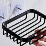 Wodtesl Black Soap Dish Holder with Strong Suction Cups for Bathroom Shower, Drain Case Tray, Wall Mounted, No Drilling, 5.1x3.5x1.2 inch