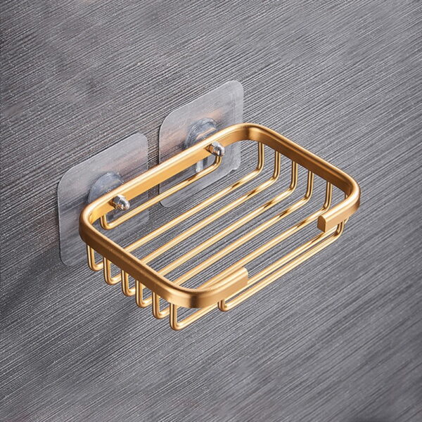 Wodtesl Gold Soap Dish Holder with Strong Suction Cups for Bathroom Shower, Drain Case Tray, Wall Mounted, No Drilling, 5.1x3.5x1.2 inch