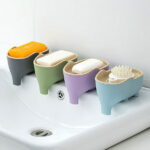 WONIU 2 Pack Elephant Soap Dishes with Dry Tray, Self Draining, Sponge Holder for Kitchen Sink, Plastic, Purple & Grey
