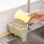 WONIU 2 Pack Elephant Soap Dishes with Dry Tray, Self Draining, Sponge Holder for Kitchen Sink, Plastic, Purple & Grey