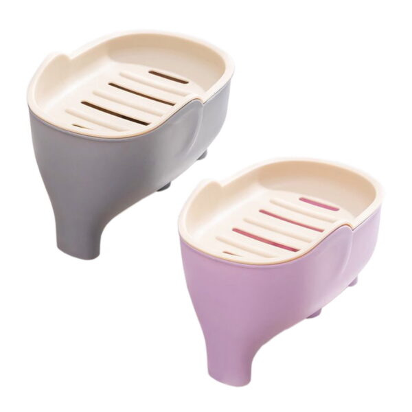WONIU 2 Pack Elephant Soap Dishes with Dry Tray, Self Draining, Sponge Holder for Kitchen Sink, Plastic, Purple & Grey