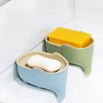 WONIU 2 Pack Self Draining Soap Dishes with Dry Tray, Sponge Holder for Kitchen Sink, Cute Elephant, Plastic, Blue & Green