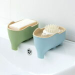WONIU 2 Pack Self Draining Soap Dishes with Dry Tray, Sponge Holder for Kitchen Sink, Cute Elephant, Plastic, Blue & Green