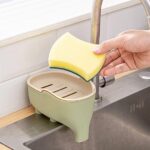 WONIU 2 Pack Self Draining Soap Dishes with Dry Tray, Sponge Holder for Kitchen Sink, Cute Elephant, Plastic, Blue & Green