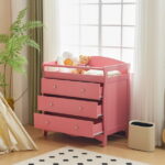 Zimtown Wood Changing Table with Drawers,Baby Dresser, Infant Diaper Station Nursery Organizer, Pink