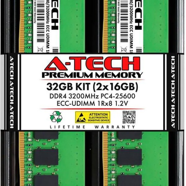 A-Tech 32GB (2x16GB) 1Rx8 PC4-25600 / PC4-25600E DDR4 3200 MHz ECC UDIMM 1.2V ECC Unbuffered DIMM 288-Pin Single Rank x8 Server & Workstation RAM - Pappy Mall