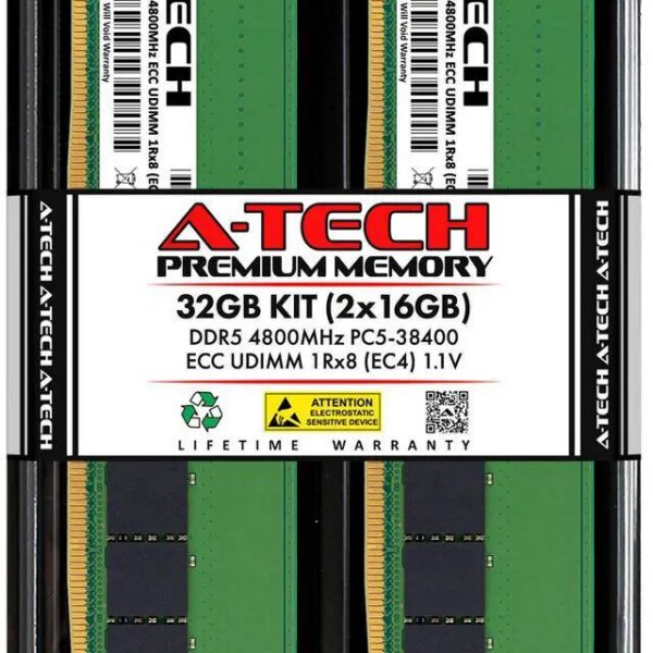 A-Tech 32GB (2x16GB) 1Rx8 PC5-38400E DDR5 4800 MHz ECC UDIMM Unbuffered DIMM 288-Pin Single Rank x8 Server & Workstation RAM Memory Upgrade Kit - Pappy Mall
