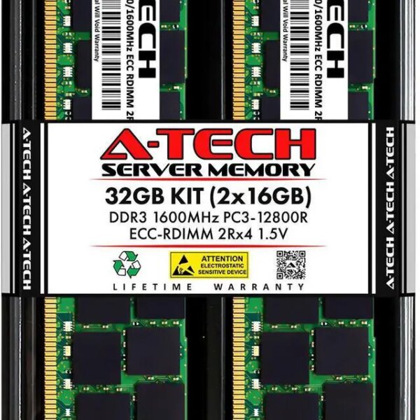 A-Tech 32GB (2x16GB) 2Rx4 PC3-12800R DDR3 1600 MHz ECC RDIMM 1.5V Registered DIMM 240-Pin Dual Rank x4 Server & Workstation RAM Memory Upgrade Kit - Pappy Mall