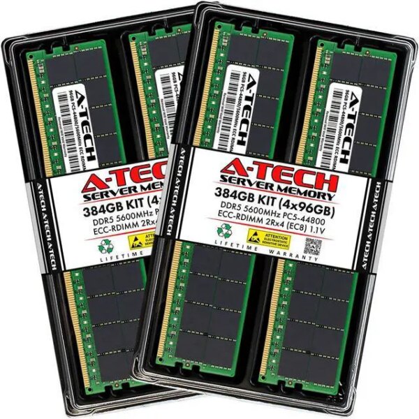 A-Tech 384GB Kit (4 x 96GB) DDR5 5600MHz EC8 RDIMM PC5-44800 ECC Registered 2Rx4 CL40 1.1V 288-Pin Server Workstation RAM Memory Modules - Pappy Mall