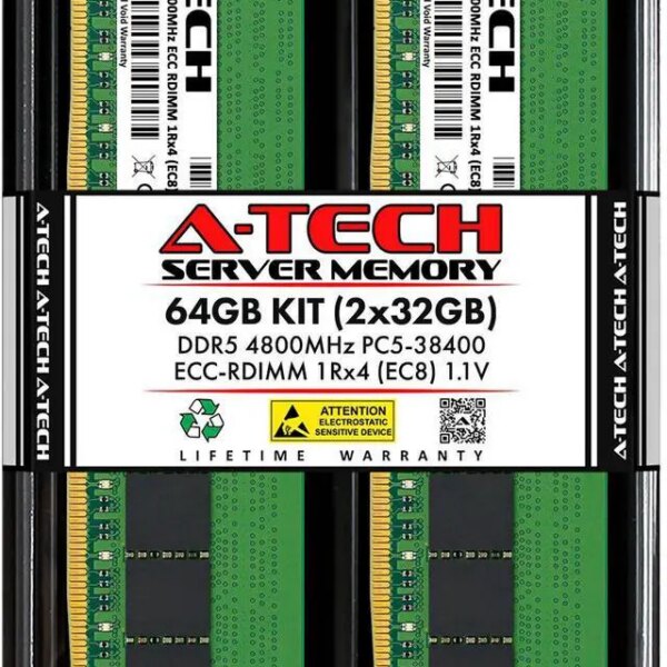 A-Tech 64GB (2x32GB) 1Rx4 PC5-38400R DDR5 4800 MHz EC8 RDIMM ECC Registered DIMM 288-Pin Single Rank x4 Server & Workstation RAM Memory Upgrade Kit - Pappy Mall