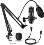 Adiven 2025 USB Streaming Podcast PC Microphone, 192KHz/24Bit Studio Cardioid Condenser Mic Kit with Sound Card, Boom Arm, Shock Mount, Pop Filter, - Pappy Mall