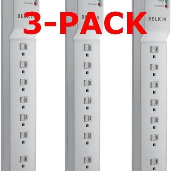 Belkin BE107200-06 7-Outlet Home Office Surge Protector Slim Design 6ft Right Angle Plug 3-Pack - Pappy Mall