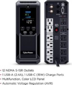 CyberPower CP1350AVRLCD3 Intelligent LCD UPS Systems - 1350VA/815W, 120 VAC, NEMA 5-15P, Mini-Tower, 12 Outlets - Pappy Mall