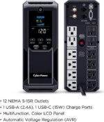 CyberPower CP1500AVRLCD3 Intelligent LCD UPS Systems - 1500VA/900W, 120 VAC, NEMA 5-15P, Mini-Tower, 12 Outlets, LCD - Pappy Mall