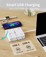 HOPOW Power Strip Surge Protector -10 ft Flat Plug Extension Cord with 12 Outlets & 4 USB Ports (2 USB C), 1700 Joules, Wall Mount, Desk Charging - Pappy Mall