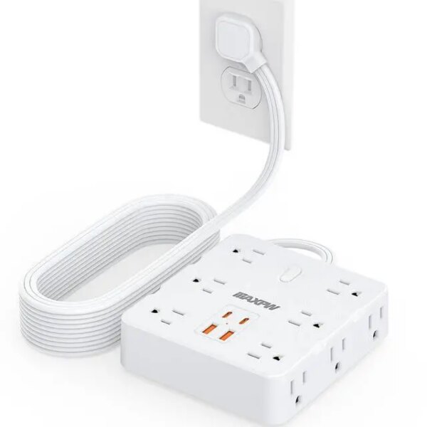 HOPOW Power Strip Surge Protector -10 ft Flat Plug Extension Cord with 12 Outlets & 4 USB Ports (2 USB C), 1700 Joules, Wall Mount, Desk Charging - Pappy Mall