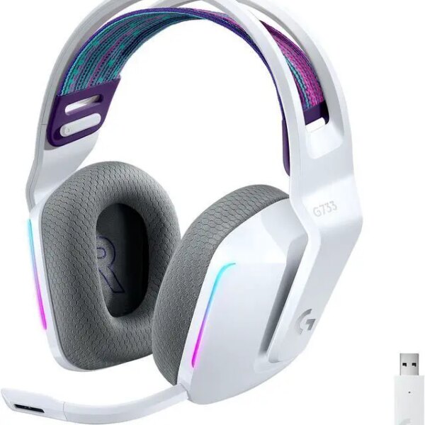 Logitech G733 LIGHTSPEED Wireless Gaming Headset with suspension headband, LIGHTSYNC RGB, Blue VO!CE mic technology and PRO-G audio drivers - White - Pappy Mall