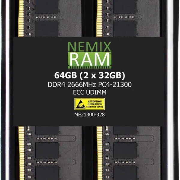 NEMIX RAM 64GB (2X32GB) DDR4 2666MHZ PC4-21300 2Rx8 1.2V 288-PIN ECC Unbuffered UDIMM Memory KIT - Pappy Mall