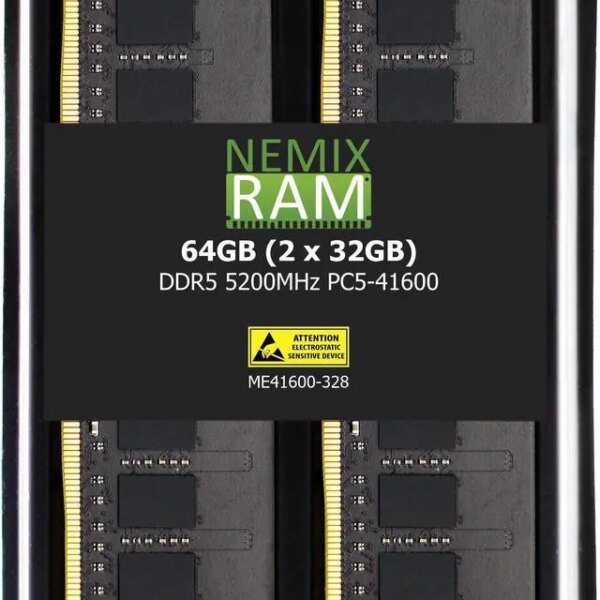 NEMIX RAM 64GB (2X32GB) DDR5 5200MHZ PC5-41600 2Rx8 1.1V 288-PIN ECC Unbuffered UDIMM Memory KIT - Pappy Mall