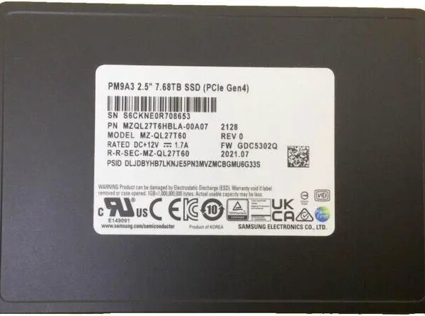 Samsung MZQL27T6HBLA-00A07 PM9A3 7.68Tb U.2 Gen4 x4/dual port x2 NVMe 2.5 Inch Datacenter SSD - Pappy Mall