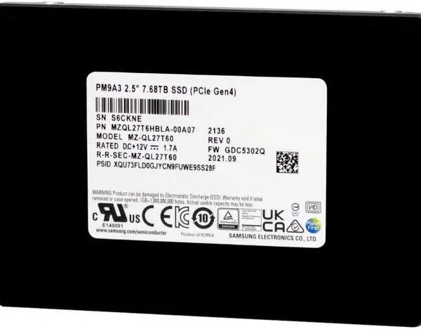 Samsung PM9A3 7.68TB PCIe Gen4 x4 NVMe U.2 Data Center SSD MZ-QL27T60 (MZQL27T6HBLA-00A07) - Pappy Mall