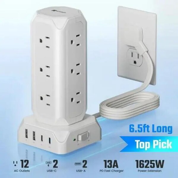 SUPERDANNY 12-Outlet Surge Protector Power Strip Tower,1700 Joule Charging Station with 12 AC Outlets, 4 USB Ports, 6.5ft Extension Cord for Home - Pappy Mall