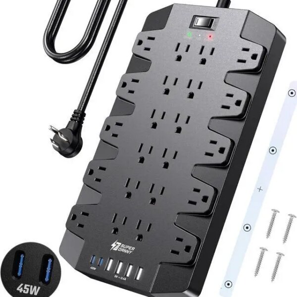 SUPERDANNY Power Strip Surge Protector 45W PD USB-C Fast Charging 22 AC Outlet 6.5ft Extension Cord - Pappy Mall