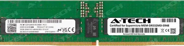 Supermicro Certified MEM-DR532MD-ER48 | Micron MTC20F2085S1RC48BA1 | 32GB PC5-38400 DDR5 4800MHz 2Rx8 Dual Rank ECC RDIMM Registered 288-Pin Server - Pappy Mall