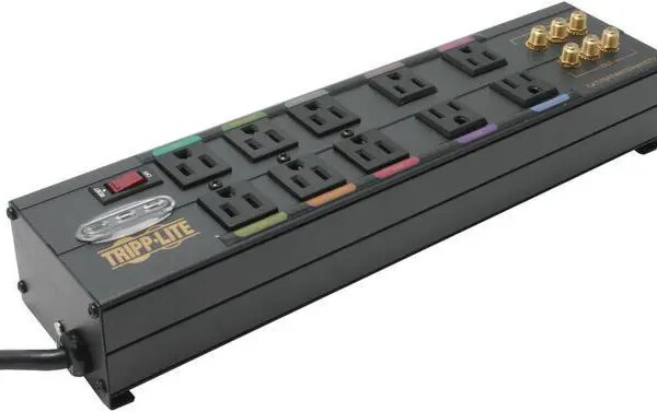Tripp Lite HT10DBS Isobar 10-Outlet Home/Business Theater Surge Protector, 8 ft. Cord with Right-Angle Plug, 3840 Joules, LEDs, Metal Housing - Pappy Mall
