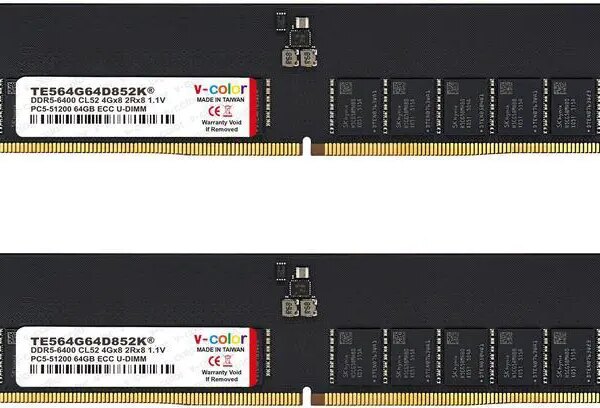 V-Color DDR5 128GB (64GBx2) 6400MHz CL52 2Rx8 ECC UNBUFFERED DIMM 1.1V (ECC UDIMM) Memory Ram for Server (TE564G64D852K) - Pappy Mall